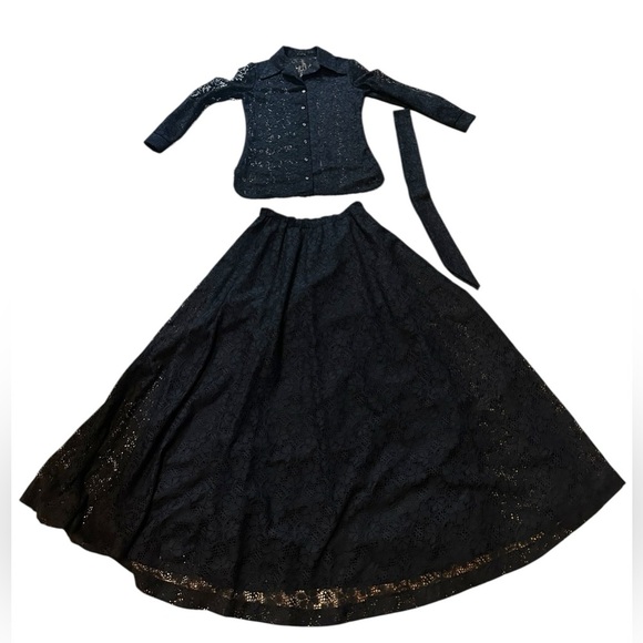 Vintage Style-Aire Dallas Small Skirt Top Set 70s Prairie Black Floral Lace EUC - Picture 6 of 13
